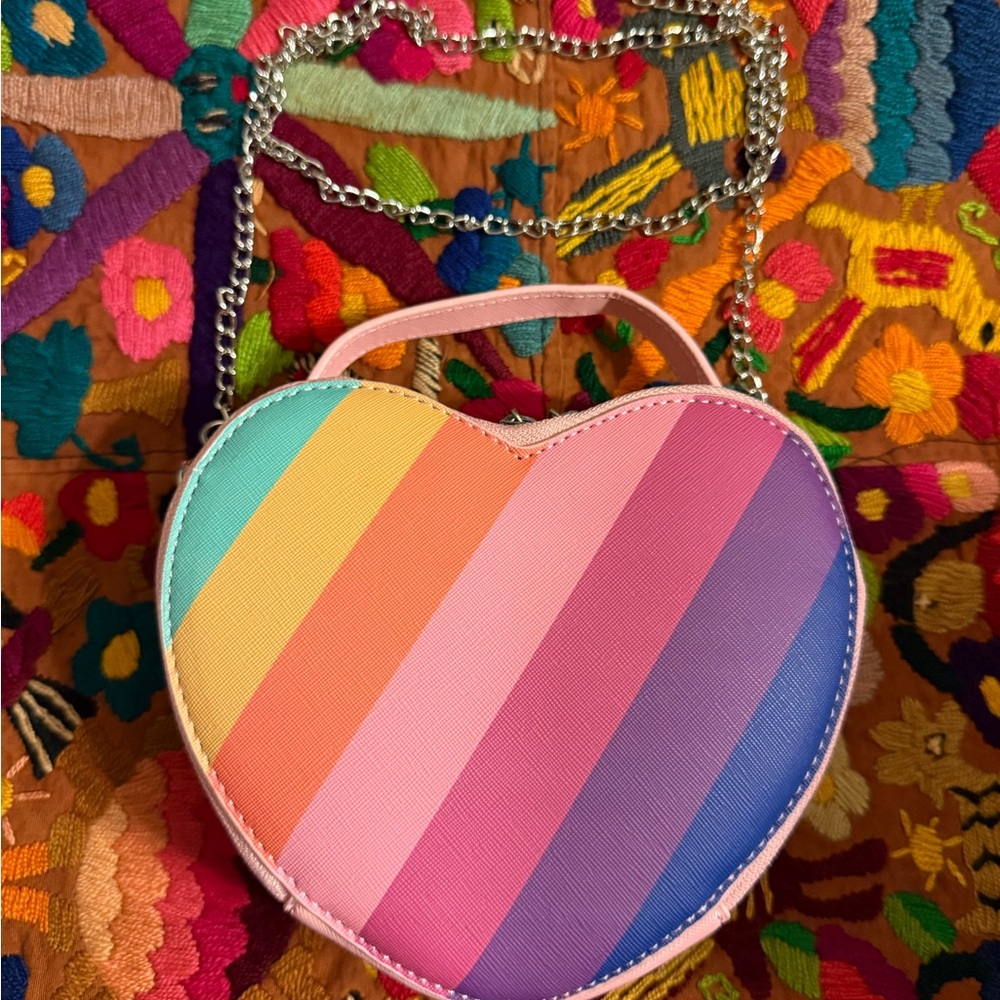 Rainbow Heart-Shaped Mini Bag with Metallic Detachable Chain Purse